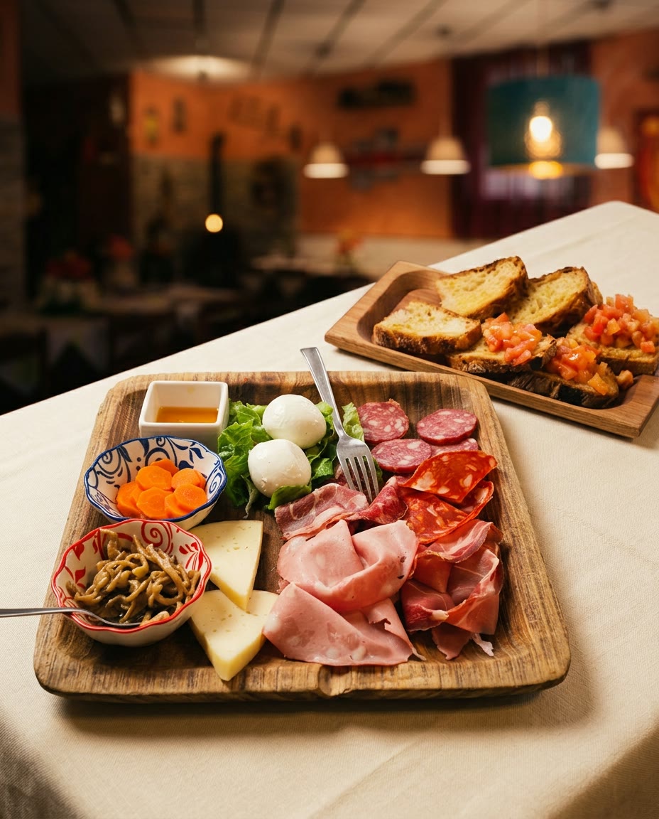 Tagliere di antipasti su vassoio di legno, con salumi, formaggi, mozzarelle e bruschette
