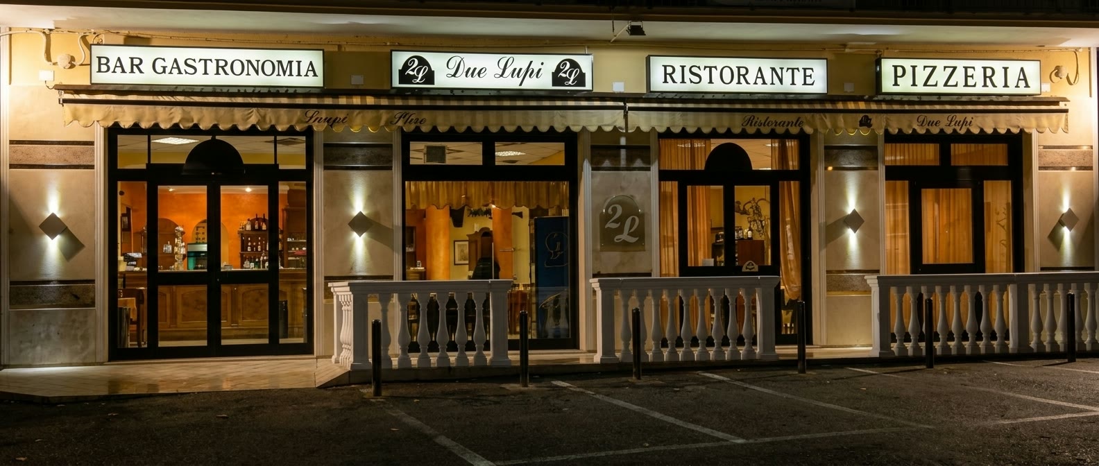 Facciata del Ristorante Due Lupi di sera, con le insegne illuminate