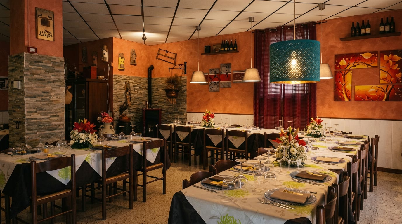 La sala del ristorante, con i tavoli apparecchiati e le lampade accese